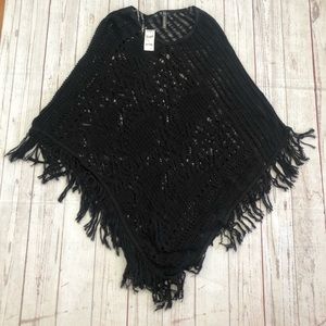 Full tilt black knit poncho with fringe xs